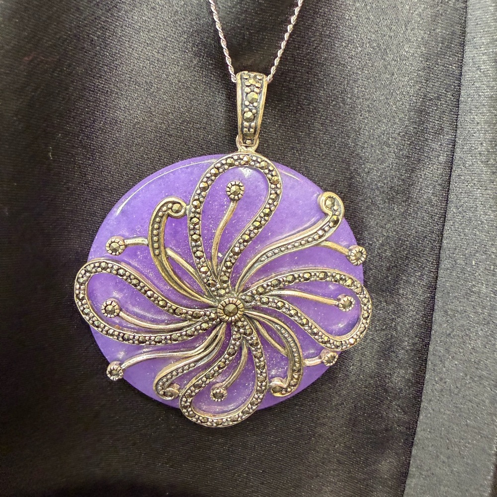 Large Lavender Jade pendant with Marcasite. made in Italy